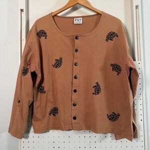 Vintage Artworks Cardigan Women's Brown Turtle Print Button Top USA Made Medium
